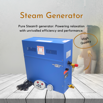 Blue steam generator, girl taking steam bath in background
