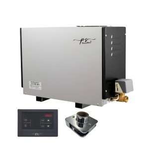 Steel body steam shower generator in grey and black colors, available in 9KW and 12KW options.