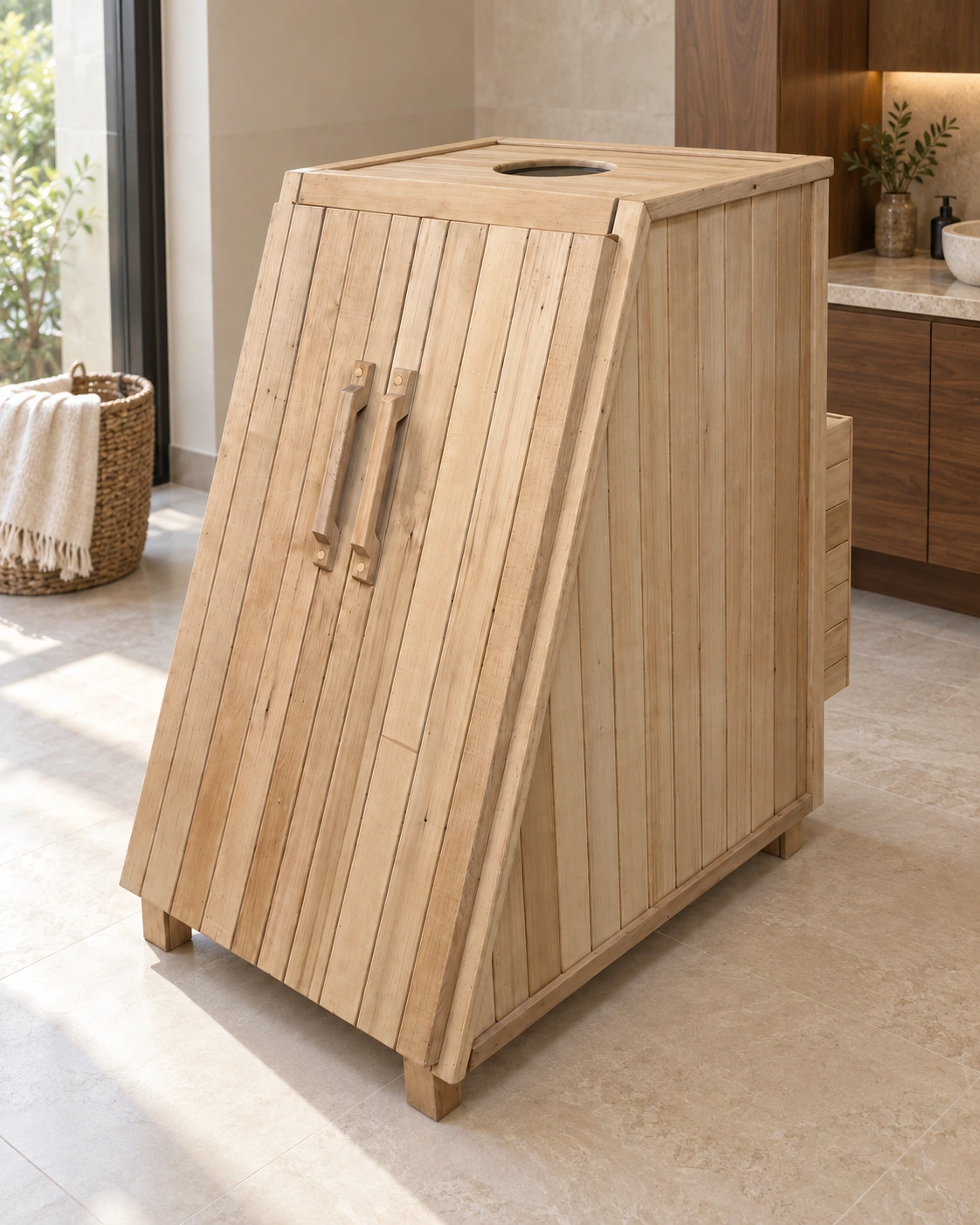 PureSteam chamber visualised in a warm apartment wellness alcove with walnut joinery
