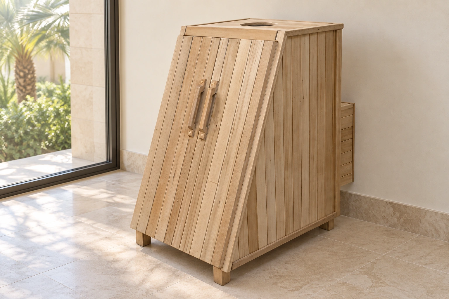 PureSteam chamber visualised in a sunlit villa wellness room with natural stone and garden-facing glazing